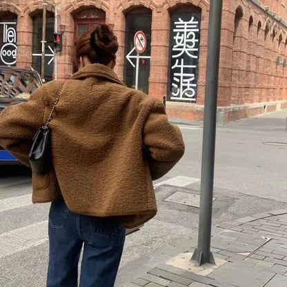 Women's Winter Sweet Plush Coat Lamb Fur Jacket Peter Pan Collar Single Breasted Short Outerwears