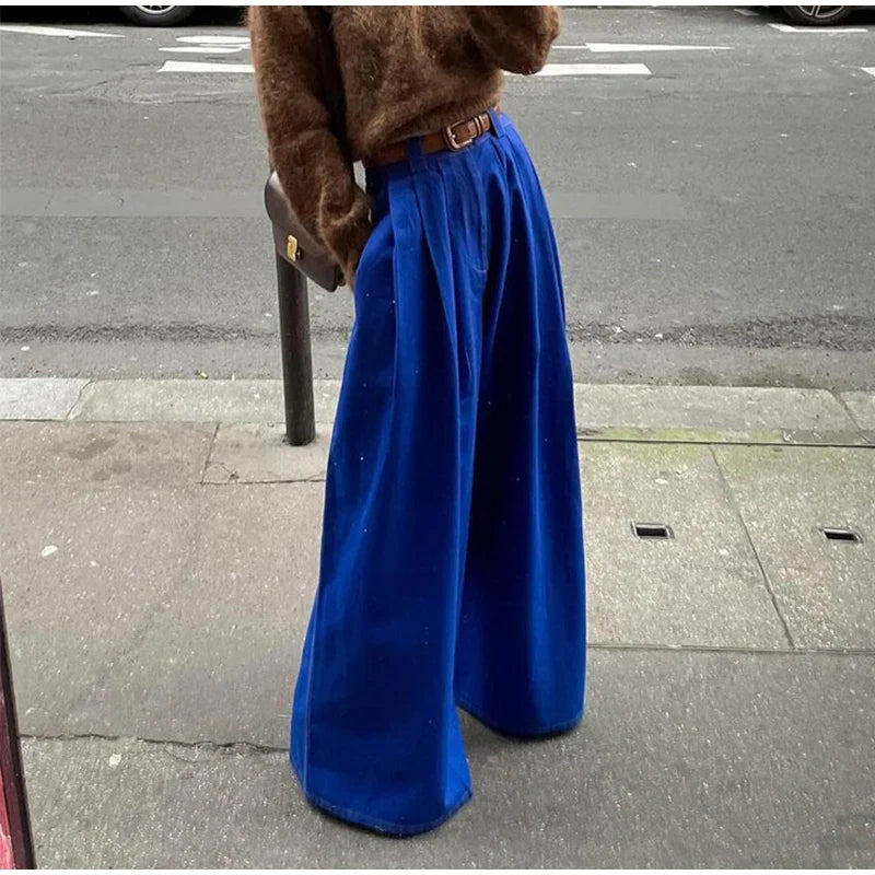 Wide Leg Fashion Pleated Pants For Women Loose High Waist Straight Striped Blue Street Pants Female 2025 Spring Street Trousers