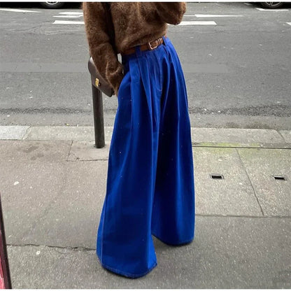 Wide Leg Fashion Pleated Pants For Women Loose High Waist Straight Striped Blue Street Pants Female 2025 Spring Street Trousers