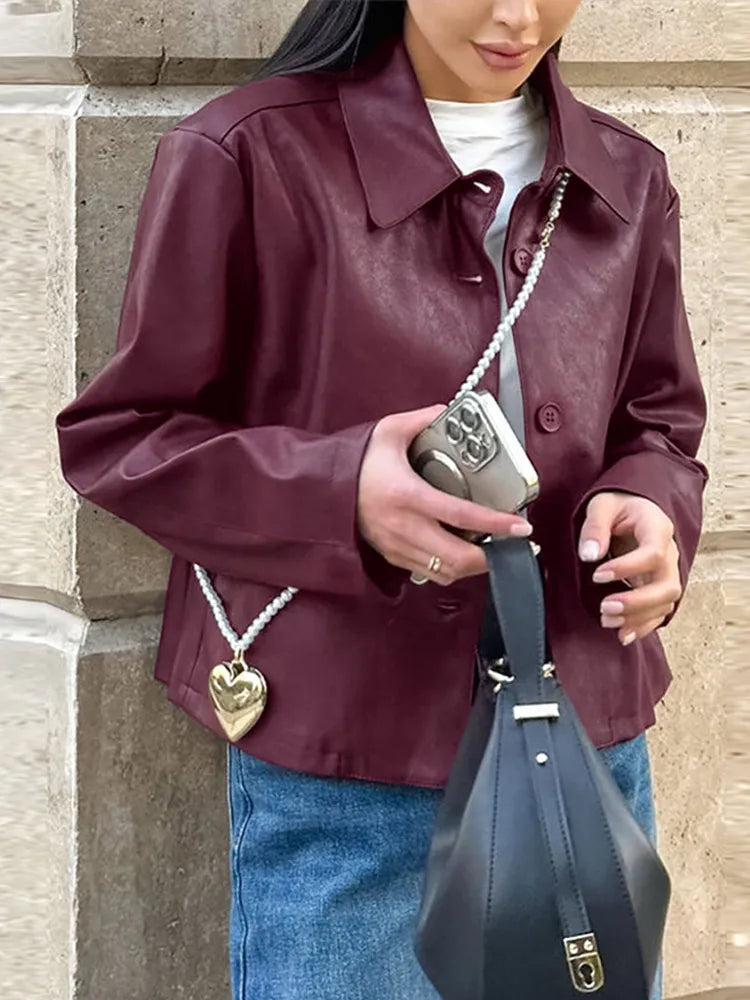 Burgundy Faux Leather Jackets Women Moto Biker Lapel Zipper Long Sleeve Female Coats 2025 Spring Casual Lady Street Outwear