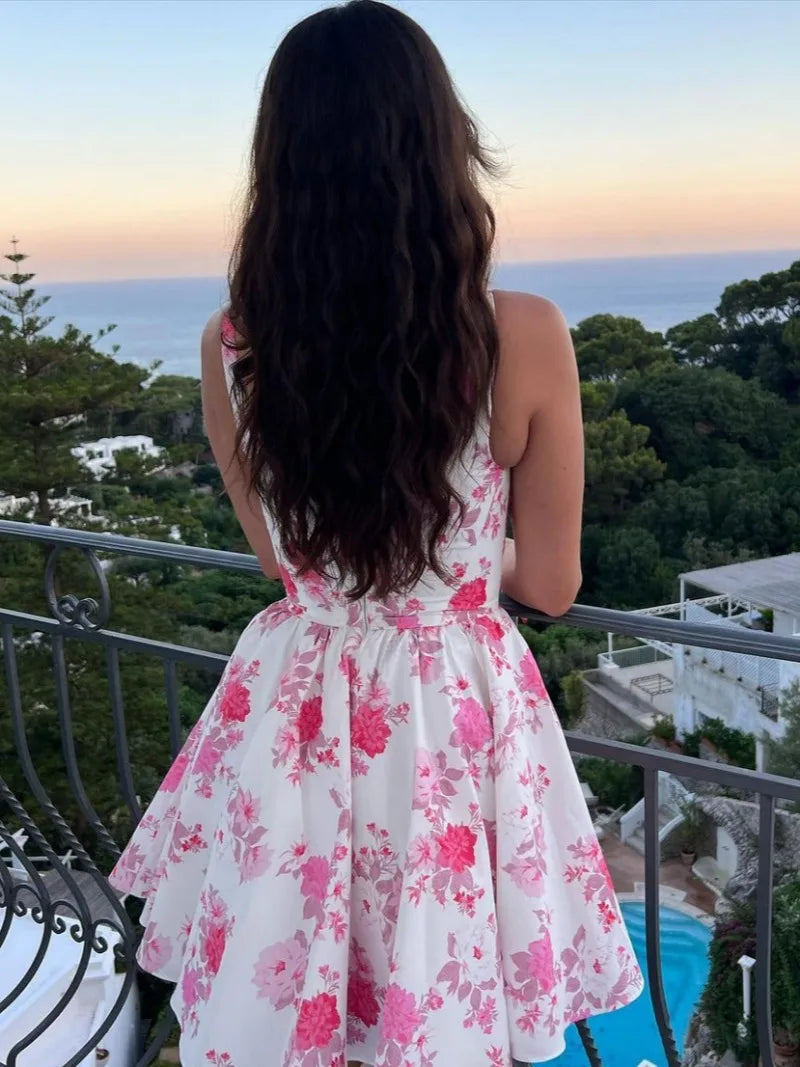 Woman Clothing Sexy Slash Neck Floral Printed Birthday Party Dress Sleeveless High Waist A-line White Short Holiday Dresses 2024