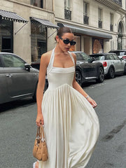 Elegant Solid Square Neck Women Halter Maxi Dress Fashion Backless Pleated Hem A-line Dresses 2024 Summer Lady Chic Party Robes