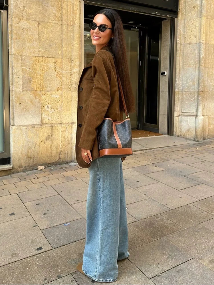 Turn Down Collar Brown Autumn Jacket for Women Casual Single Breasted Long Coat Jacket Female Winter Jacket Back Slit