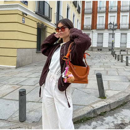 Casual Quilted Padded Jackets Women's Faionable Loose Round Neck Long Sleeve Zipper Cropped Length Outerwear Winter New