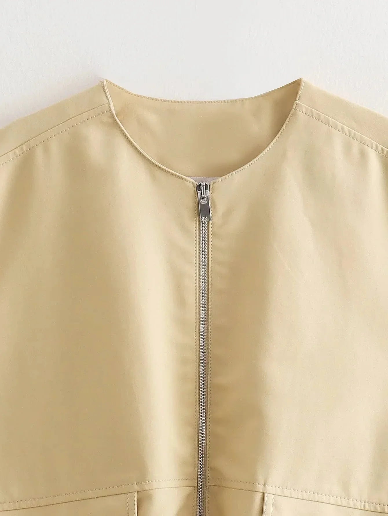 Padded Beige Waistcoat Folds Winter Sleeveless Vest Coat Turtleneck Pockets Zipper Autumn Thick Warm Parka Jacket