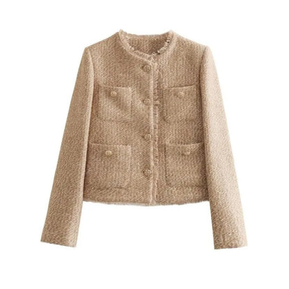 Fashion O-neck Pockets Short Coats For Women Autumn Long Sleeve Single Breasted Tweed Jacket New Chic Cropped Coats Female