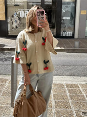 Cherry Decor Knitted Cardigan Women Autumn New Single Breasted O Neck Sweater Female Casual Fashion Half Sleeve Sweaters 2024