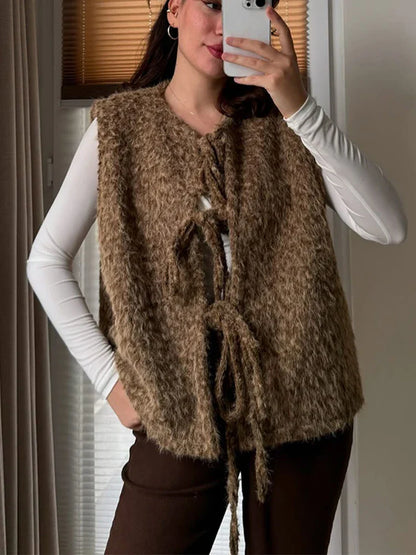 Bow Tied Vests Women Round Neck Short Casual Sleeveless Vest Jacket Woman Waistcoat Streetwear New Women Outerwear 2025 Spring