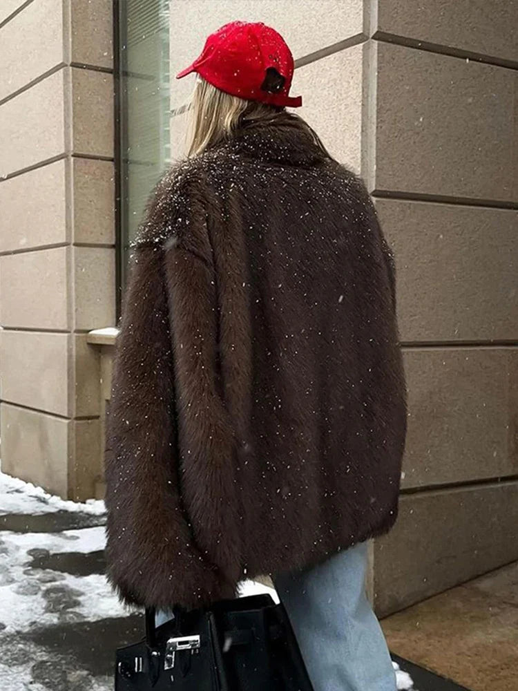 Furffy Thicken Jackets Women Faux Fur Loose Lapel Long Sleeves Warm Coats Female Winter Fashion Solid Soft Outwears Lady