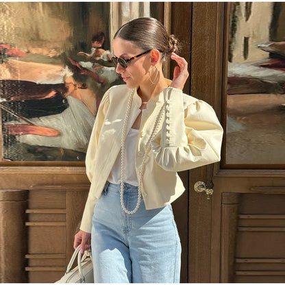 Retro Solid Stand Collar Short Shirt Women Elegant Single Breasted Puffy Sleeve Shirts Coat Lady Versatile Chic Streetwear