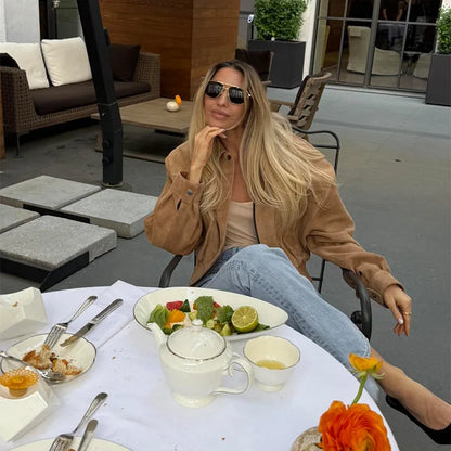 Elegant Camel Cropped Suede Jacket Women Lapel Full Sleeve Pocket Zipper Short Coat New Causal Autumn Lady Daily Streetwear 2025