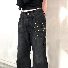 Grunge Aesthetic Flare Jeans Rivet Detail Y2K Fashion Retro Loose Fit Denim Pants High Street Punk Trousers Spring
