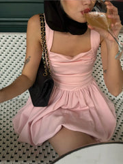 Spring New Pink Sweet Mini Dress Women Square Collar Sleeveless Short A-line Vestidos Elegant Fashion Casual Female Dresses 2025