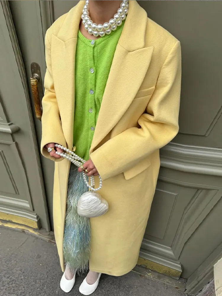 Women Yellow One Button Woolen Overcoat Chic Warm Loose Lapel Full Sleeve Long Coats 2024 Autumn Winter Lady Commute Outerwear