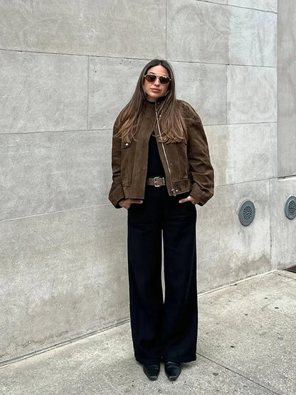 Zipper Suede Cargo Jacket Coat Button Lapel Maillard Slimming Workwear Leather Jackets Casual Short Outwear Commute Overcoat