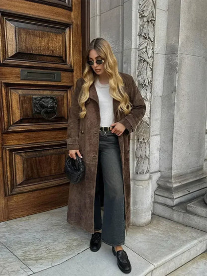 Fashion Solid With Belt Suede Long Jacket 2024 Women Chic Button Lapel Oversize Loose Overcoat Autumn Female High Street Coat