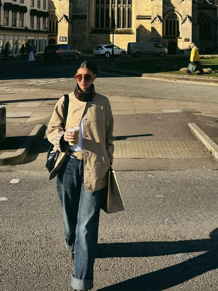 Leather Collar Cargo Jacket Button Down Plaid Pattern Patchwork Jackets Vintage Contrast Color Trench Coat Loose Casual Outwear