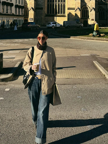 Leather Collar Cargo Jacket Button Down Plaid Pattern Patchwork Jackets Vintage Contrast Color Trench Coat Loose Casual Outwear