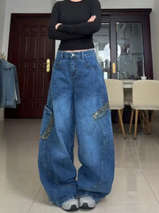 Leopard Spliced Cargo Jeans Women Y2k Streetwear Casual Oversized Pocket Kpop Wide Leg Denim Pants Hip Hop Retro Bottoms