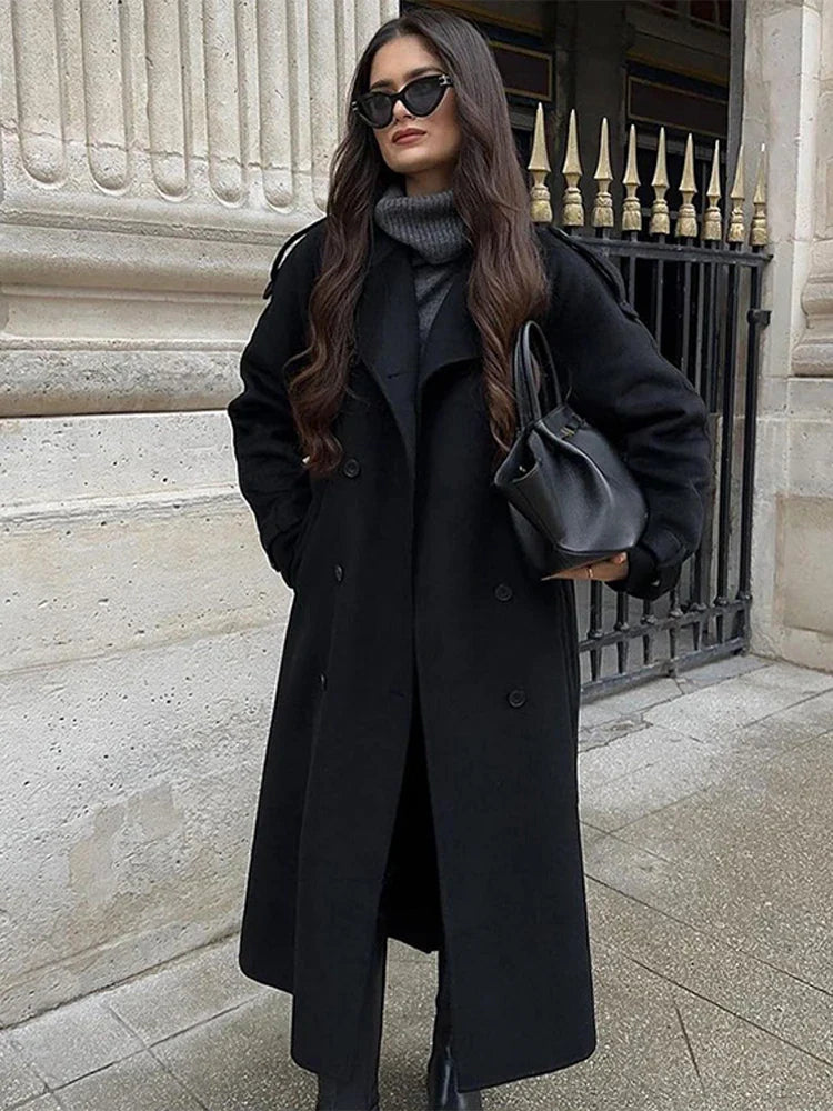 Casual Lapel Long Coats With Belt Women Lace Up Double Breasted Full Sleeve Overcoat Autumn Winter New Lady Streetwear