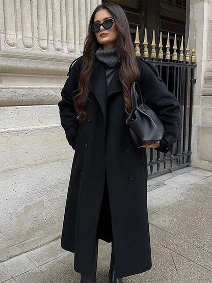 Casual Lapel Long Coats With Belt Women Lace Up Double Breasted Full Sleeve Overcoat Autumn Winter New Lady Streetwear