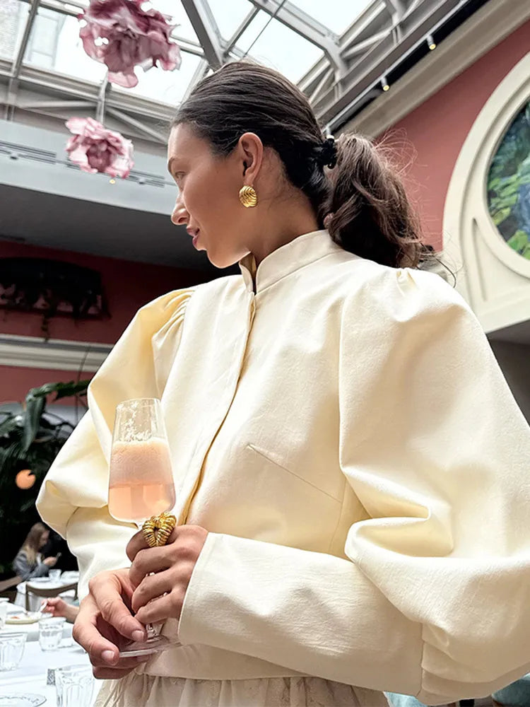 Retro Solid Stand Collar Short Shirt Women Elegant Single Breasted Puffy Sleeve Shirts Coat Lady Versatile Chic Streetwear