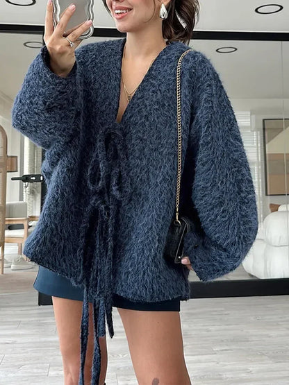 Fashion Women Lace Up Mohair Cardigan Elegant Women's V Neck Long Sleeves Short Coats Autumn Lady Commuting Warm Knit Outwears