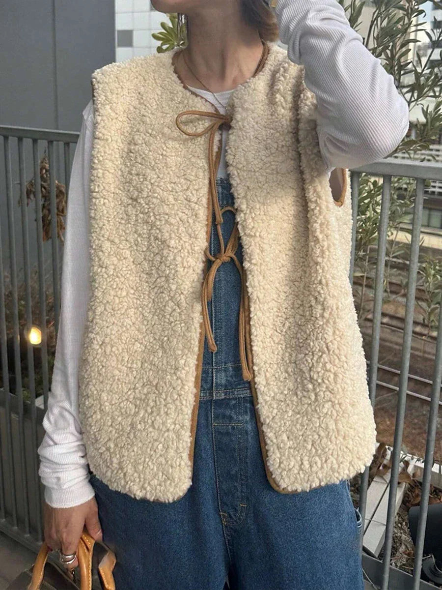 Winter New Solid Fleece Vest Jacket Women 2025 Round Neck Lace-up Sleeveless Jackets Simple Casual Fashion Waistcoat Outerwear