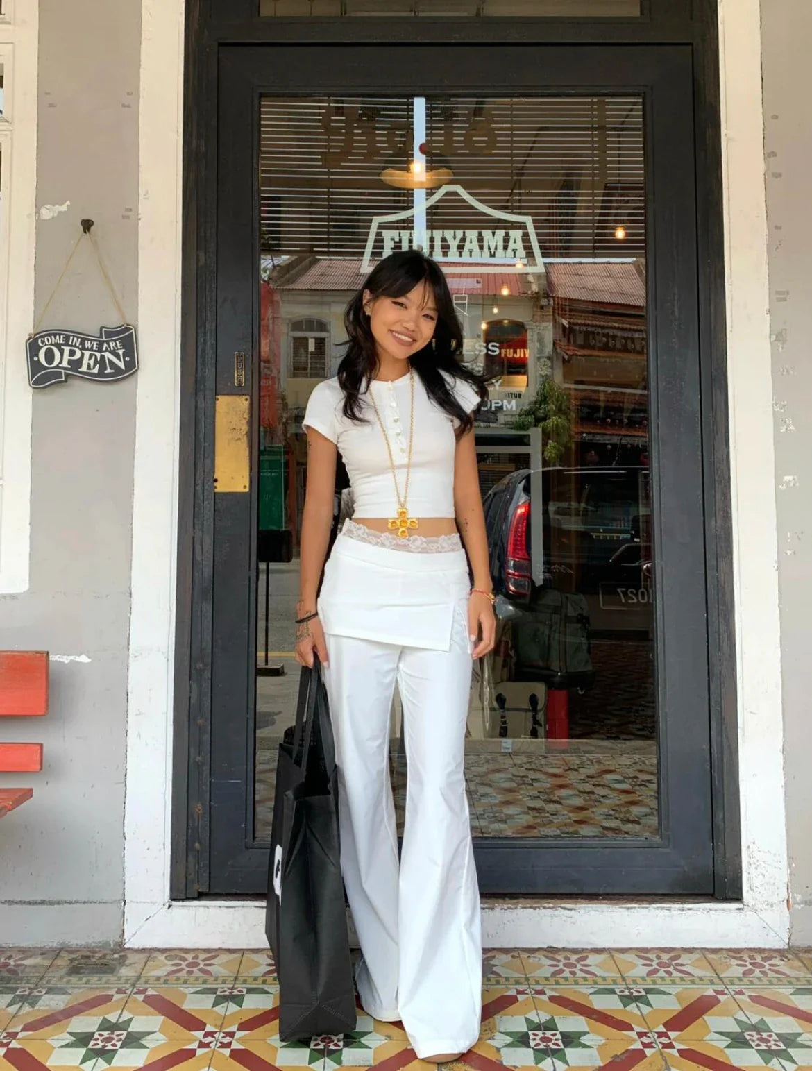 Women Lace Patch Strap Bootcut Pants white