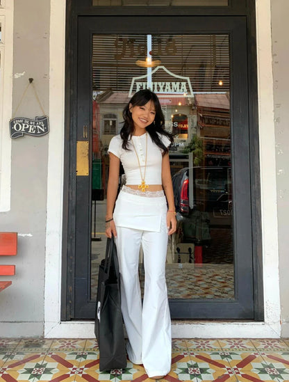 Women Lace Patch Strap Bootcut Pants white