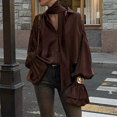 Fashion Flare Sleeve Blouse Shirt with Scarf Y2K Women Vintage Brown Oversized T-shirt Casual Top Autumn Streetwear