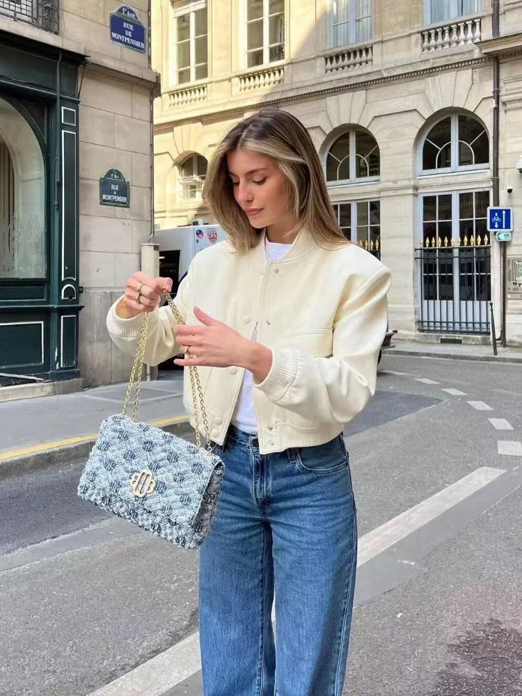 Basic Stand Collar Women Jacket Long Sleeve Cardigan Button Up Cropped Coat Baseball Outerwear Autumn Winter Clothes