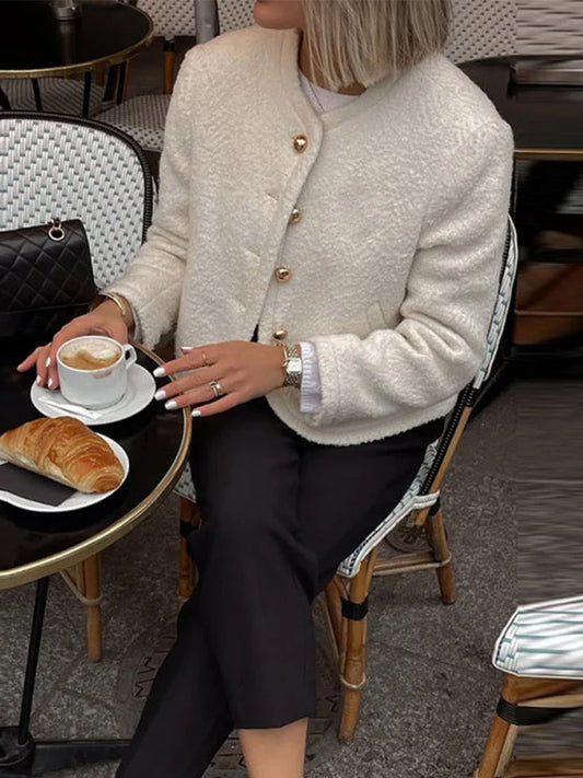 TAVIMART  -  Elegant Solid O-neck Plush Short Coats Women Retro Slim Fit Single Breasted Jackets Female New Spring Chic Office Outwear