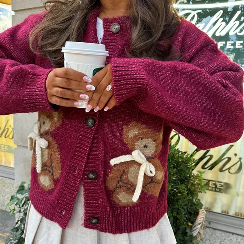 Women Cute Bear Print Knitted Sweater Autumn Long Sleeve Round Neck Button Up Knitwear Jacket Lady Fashion Vintage Cardigan