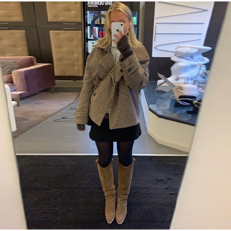 Plaid Double Breasted Street Coat Women Drop-shoulder Long Sleeve Stand Collar Loose Pocket Casual Jacket 2025 Autumn Outwear