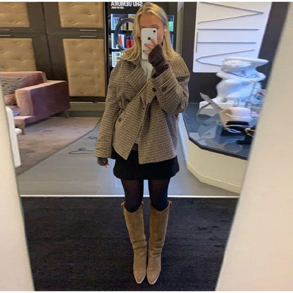 Plaid Double Breasted Street Coat Women Drop-shoulder Long Sleeve Stand Collar Loose Pocket Casual Jacket 2025 Autumn Outwear