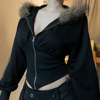 Y2K Fur Trim Hoodie Cardigan Women Basic Black Slim Cropped Jacket 90s Vintage Winter Zipper Coat Harajuku Streetwear