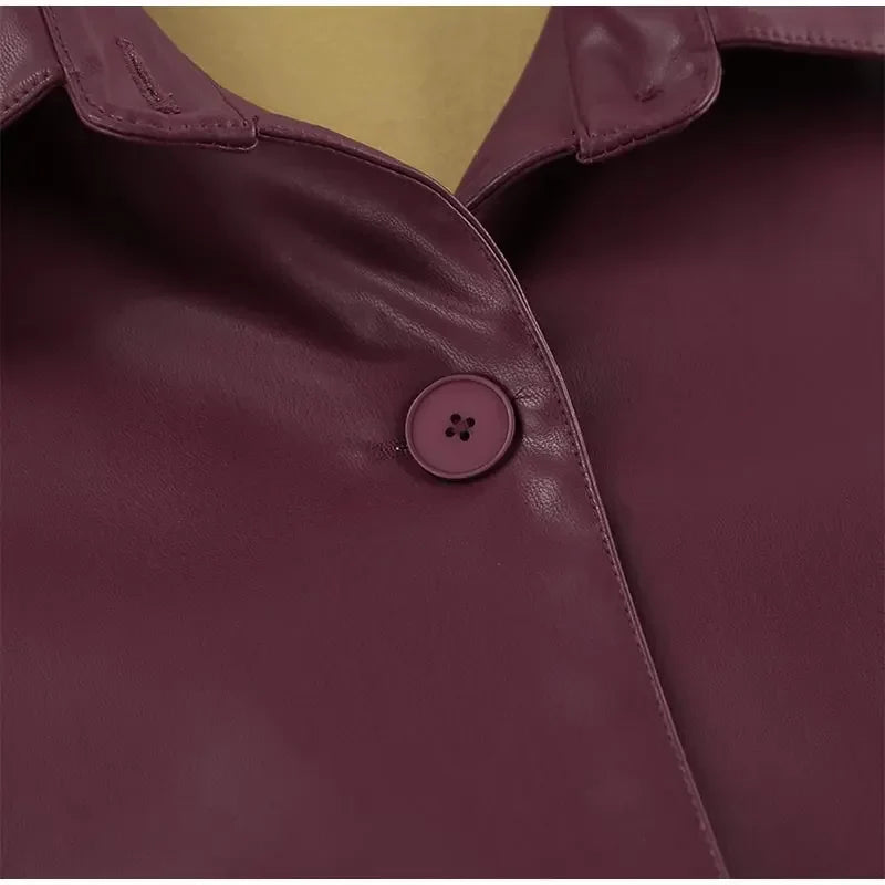 Burgundy Faux Leather Jackets Women Moto Biker Lapel Zipper Long Sleeve Female Coats 2025 Spring Casual Lady Street Outwear