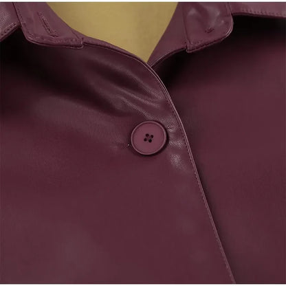Burgundy Faux Leather Jackets Women Moto Biker Lapel Zipper Long Sleeve Female Coats 2025 Spring Casual Lady Street Outwear