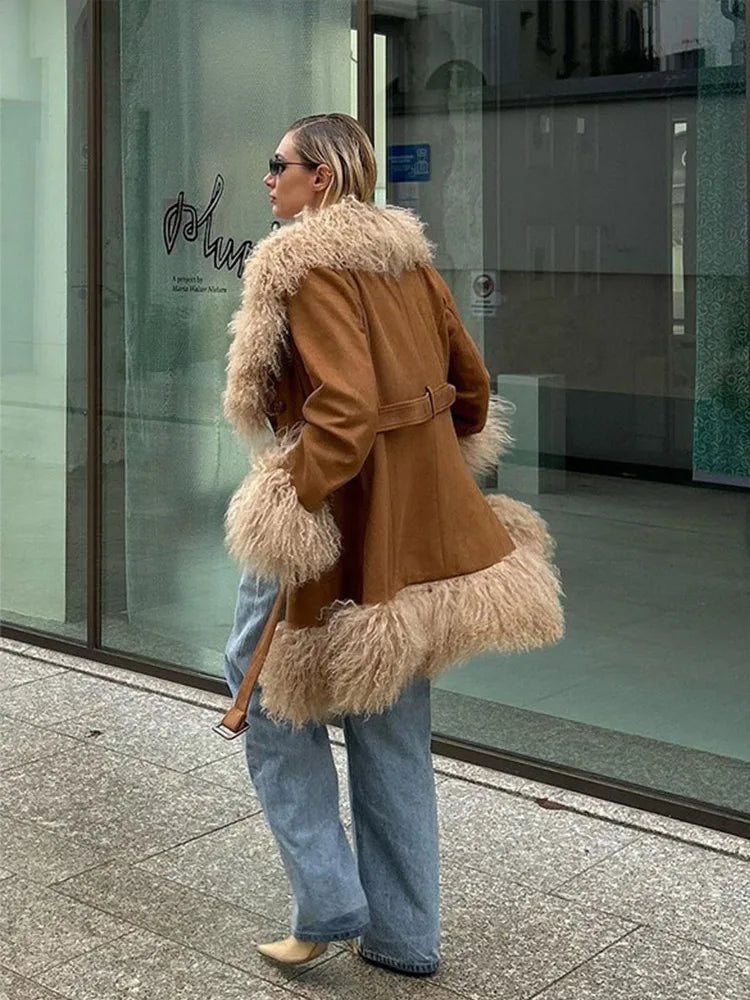 Vintage Furry Faux Fur Women Patchwork Coats Winter Long Sleeve Lapel Female Loose Jacket Casual Pockets Thick Warm Lady Outwear