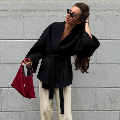 New Women's Black Lace Up Overcoats Autumn Chic Office Jackets Slim Fit Pleated Coat Elegant V-neck Commute For Lady Coats