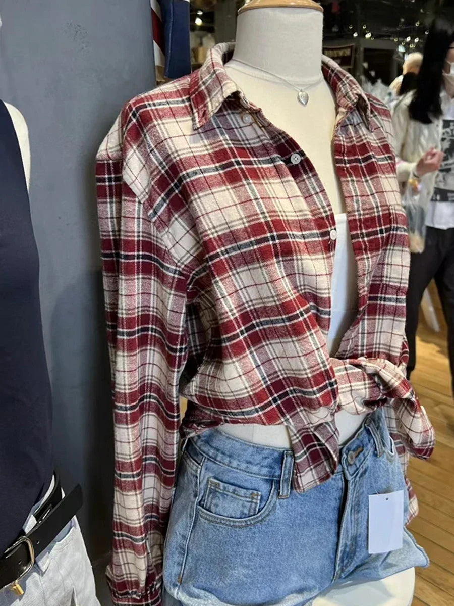 Vintage Red Plaid Button Blouse Top Autumn Cotton Turn Down Collar Casual Long Sleeve Shirt Streetwear Loose Y2K Tees Coat Women