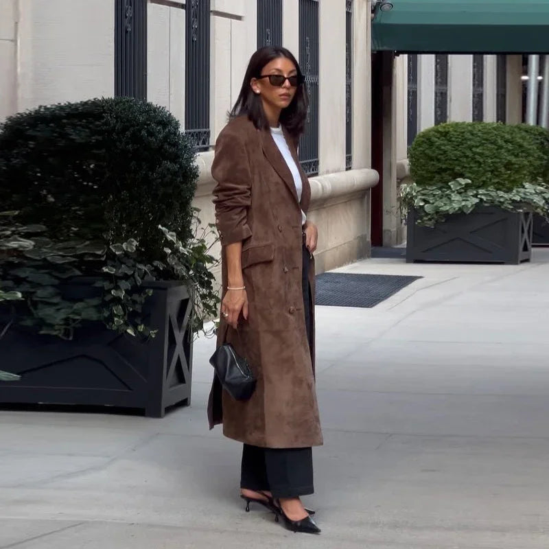 Casual Solid Long Women Streetwear Long Sleeve Turn-down Collar Double Breasted Female Coat 2025 Autumn Fashion Lady Jacket New