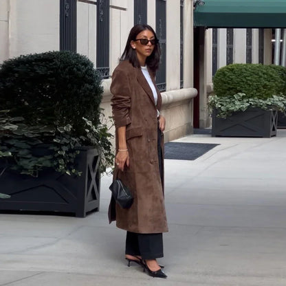 Casual Solid Long Women Streetwear Long Sleeve Turn-down Collar Double Breasted Female Coat 2025 Autumn Fashion Lady Jacket New