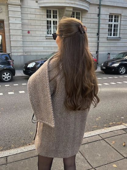 Retro Striped Scarf Collar Wool Blends Jacket Women Chic Pockets Single Breasted Full Sleeve Coat Lady New Elegant Outwear