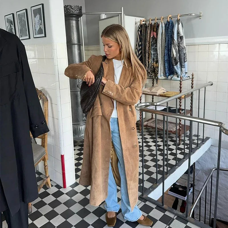 Casual Solid Long Women Streetwear Long Sleeve Turn-down Collar Double Breasted Female Coat 2025 Autumn Fashion Lady Jacket New