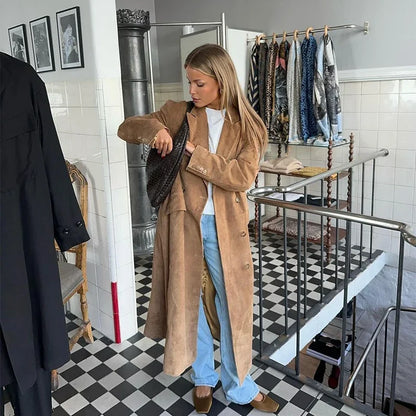 Casual Solid Long Women Streetwear Long Sleeve Turn-down Collar Double Breasted Female Coat 2025 Autumn Fashion Lady Jacket New