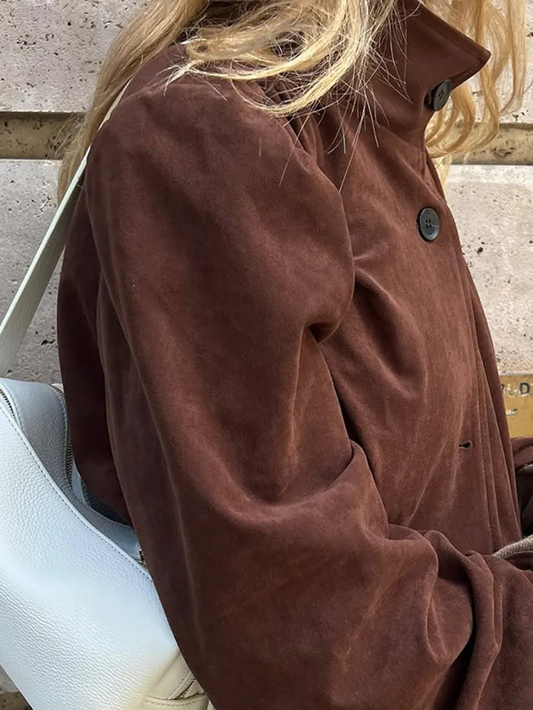 Retro Brown Suede Short Jacket Elegant Women Stand Collar Full Sleeves Single Breasteds Loose Coats Autumn Chic Lady Street Wear