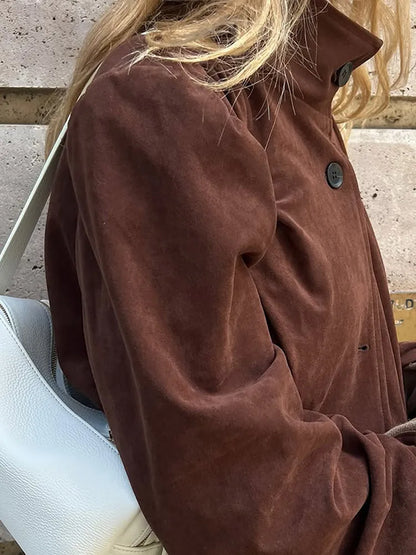 Retro Brown Suede Short Jacket Elegant Women Stand Collar Full Sleeves Single Breasteds Loose Coats Autumn Chic Lady Street Wear