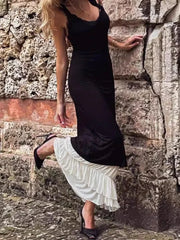 Lace V Neck Sweet Sexy Long Dress Patchwork Ruffle Eleagnt A-line Summer Women Dress 2024 New Chic Fashion Backless Slip Dress